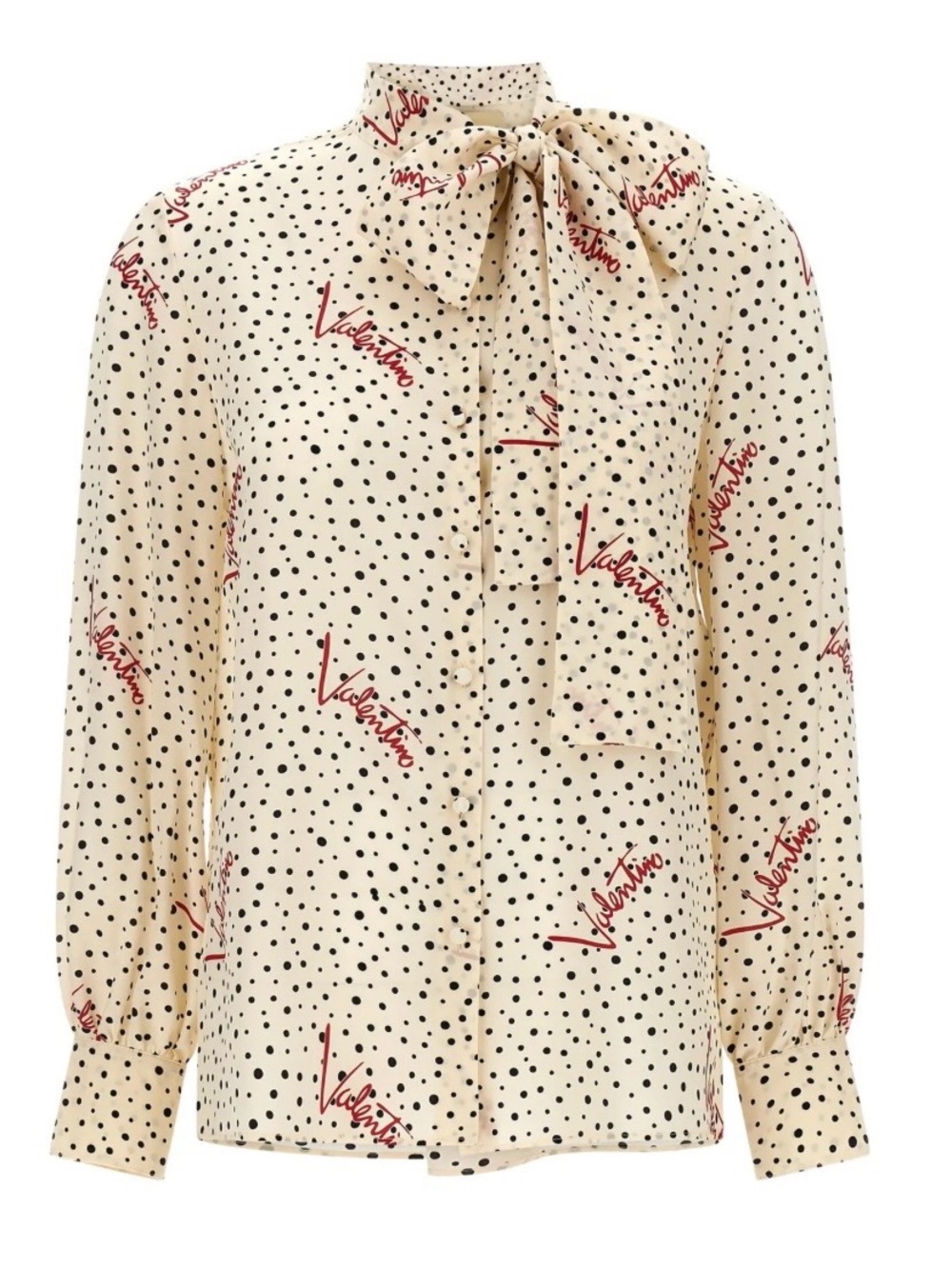 Valentino Cream Polka Dot Tie-Neck Blouse with Red Script
